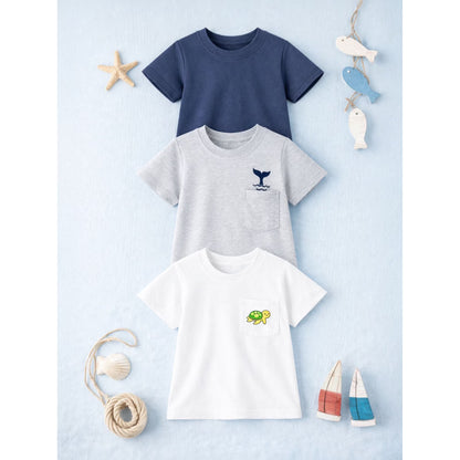HILEELANG 2-7T Toddler/Little Boys Grey/Navy/Cream Whale & Turtle 100% Cotton T-Shirt 3-Pack