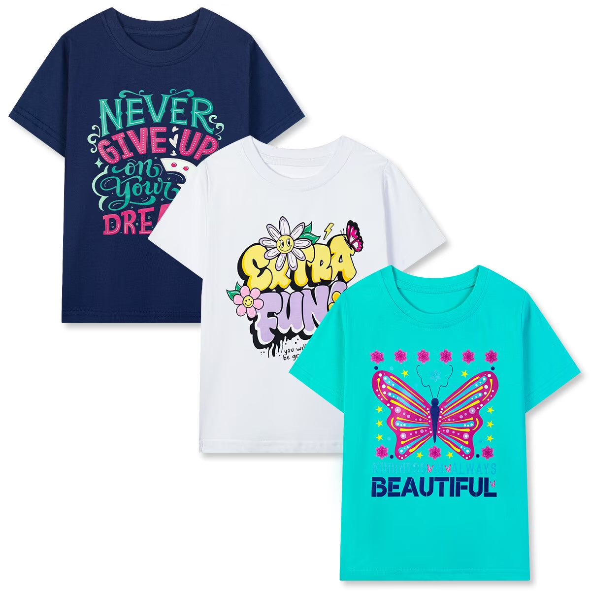 HILEELANG Little Girls' Short Sleeve Tee Shirt Cotton Casual Crewneck Butterfly Graphic Tops T-Shirts Black White Green 3 Packs
