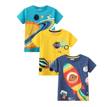 HILEELANG Toddler Boys T-Shirts 3 Pack, 100% Cotton Short Sleeve Tees for Kids 2-7T, Cute Space & Construction Vehicle Print Summer Tops for Little Boys