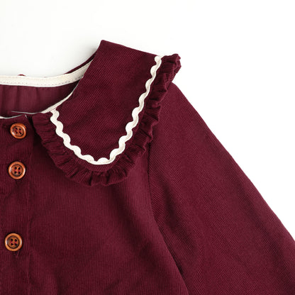 HILEELANG Toddler Girls 100% Cotton Long Sleeve Dress, Ruffle Peter Pan Collar Button Front Casual Dress, Burgundy Red
