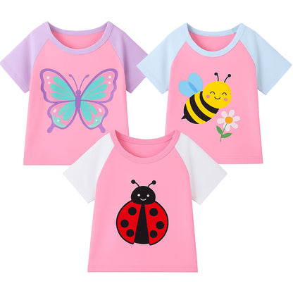 HILEELANG 2-7T Toddler/Little Girls Pink/Mint/Purple Cute Animal Graphic 100% Cotton T-Shirt 3-Pack