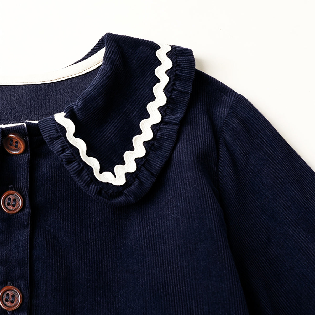 HILEELANG Toddler Girls 100% Cotton Long Sleeve Dress, Peter Pan Collar Contrast Trim Button Front Dress, Navy Blue, 4Y