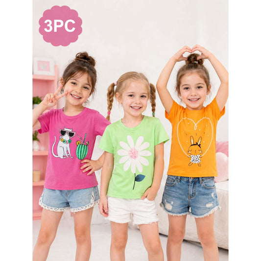 HILEELANG Toddler Girl Short Sleeve Tee Shirt Cotton Casual Crewneck Flower Graphic Tops T-Shirts Pink Yellow Green 3 Packs
