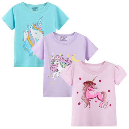 HILEELANG Toddler Girls' Short Sleeve Tee Shirt Cotton Crewneck Unicorn Graphic Tops T-Shirts Purple Green 3 Packs
