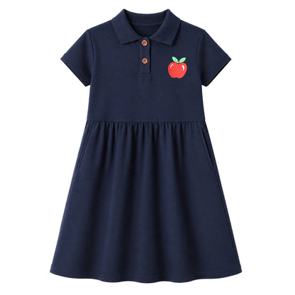 HILEELANG 2-9Y Girls Polo School Uniform Dress with Pockets Cotton Blend Pique Short Sleeve Collared Dress with Apple Patch