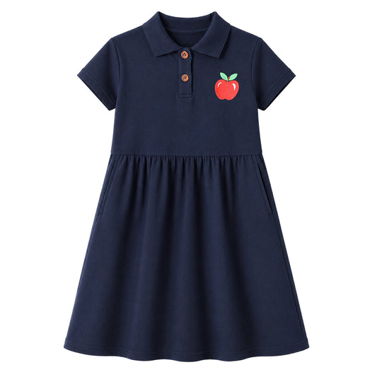 HILEELANG 2-9Y Girls Polo School Uniform Dress with Pockets Cotton Blend Pique Short Sleeve Collared Dress with Apple Patch