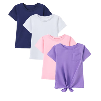 HILEELANG 4-PC Little Girls 5-16Y Navy White Pink Purple Cotton Short Sleeve Crewneck T Shirt Tee