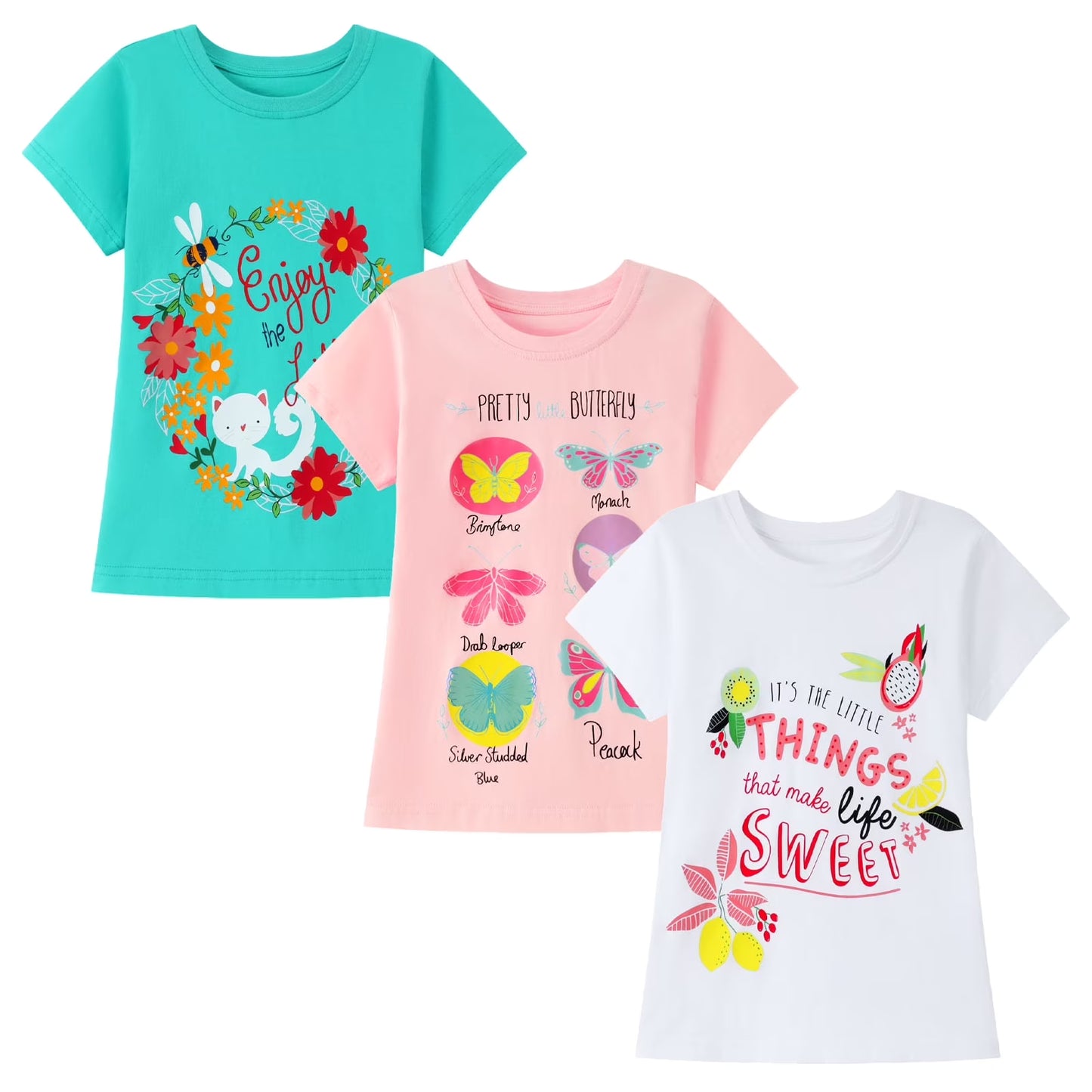 HILEELANG Little Girl Short Sleeve Tees Summer Pink White Green Flowers Cotton Tops Shirts 3 Packs