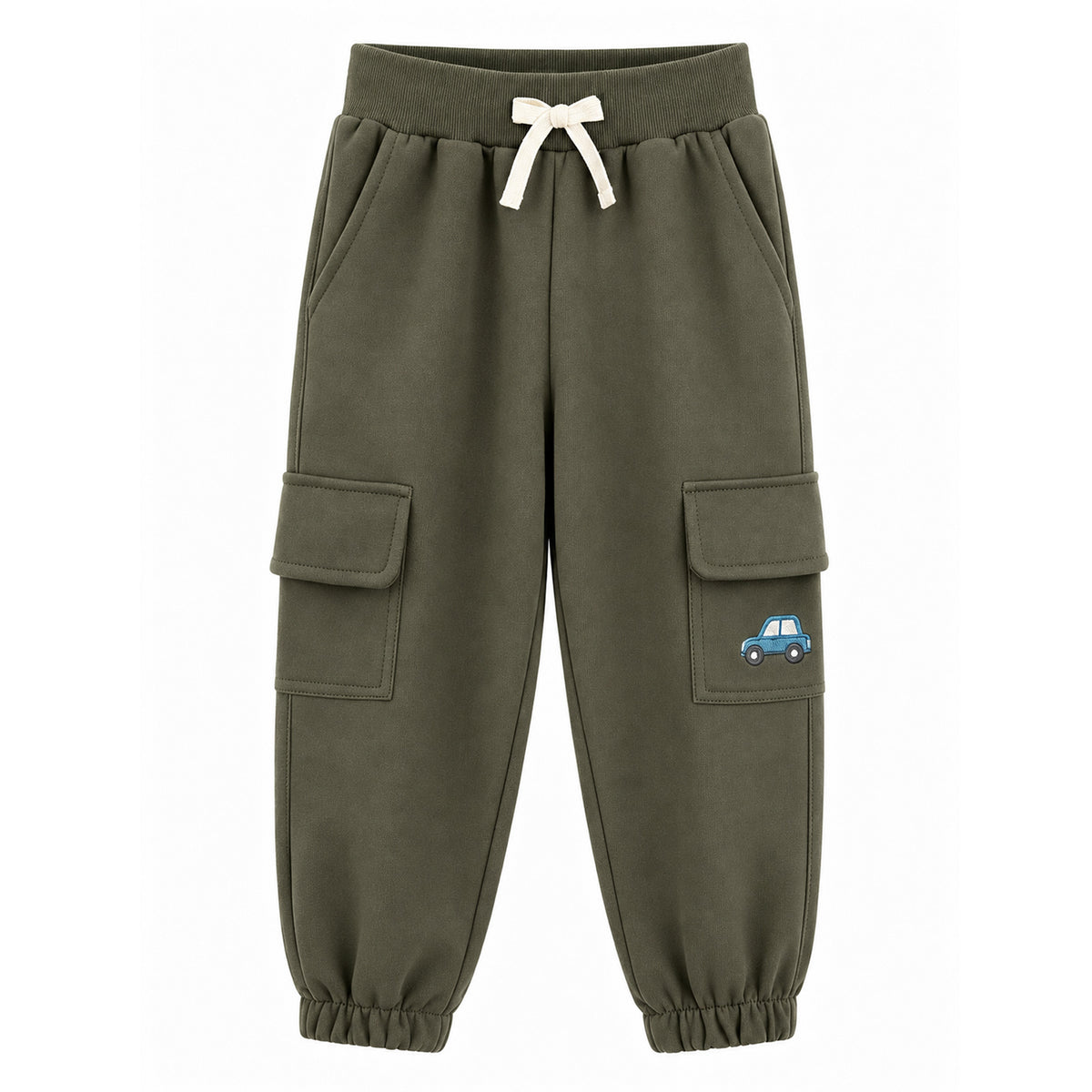 HILEELANG Toddler Boys 2 Pack Cargo Jogger Pants Car Embroidery Drawstring Sweatpants Heather Grey Olive