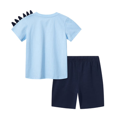 HILEELANG Toddler Dino Themed Cotton Short Sets - Blue Dinosaur Tee with Plaid Shorts for 18M-8Years