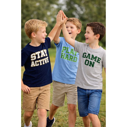 HILEELANG 4-13 Little/Big Boys Gray/Navy/Light Blue Varsity Slogan 100% Cotton 3-Pack Short Sleeve T-Shirt