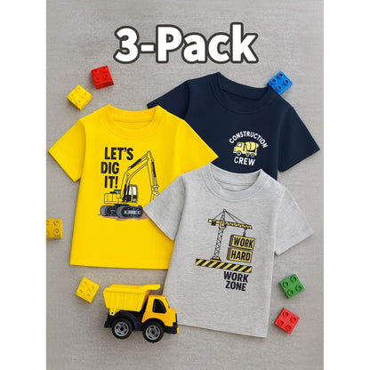 HILEELANG 2-7T Toddler/Little Boys Yellow/Grey/Navy Construction Trucks 100% Cotton T-Shirt 3-Pack