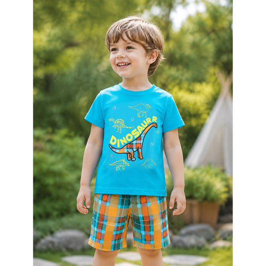 HILEELANG Toddler Boy Summer Short Clothes Sets Outfits Easter Cotton Blue Dinosaur Shirts Shorts Playwear