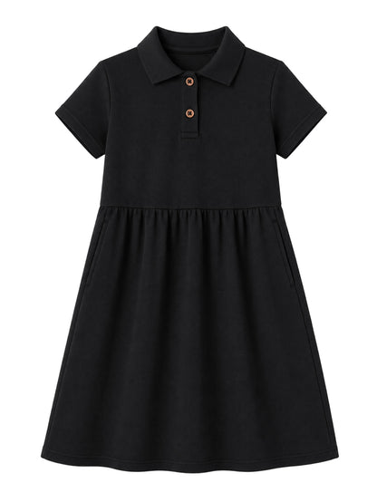 HILEELANG 4-13T Little Girls' black Short Sleeve Polo Dress with Pockets, School Uniform Casual Dress for Kids