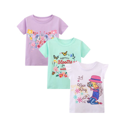 HILEELANG Big Kids Girls' Short Sleeve Tee Cotton Casual Crewneck Easter Butterfly Flowers Graphic Tops T-Shirts Purple Green 3 Packs Sets 10Years