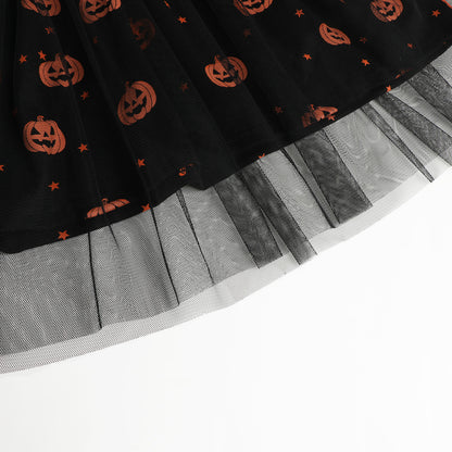 HILEELANG Girls Cotton Halloween Dress Long Sleeve Black Cat Pumpkin Tulle Dress