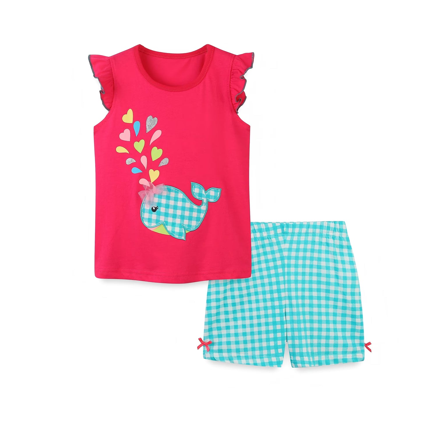 HILEELANG Toddler Girl's Summer Cotton Outfit Set, Ruffle Sleeve Pink Fish Top and Check Shorts