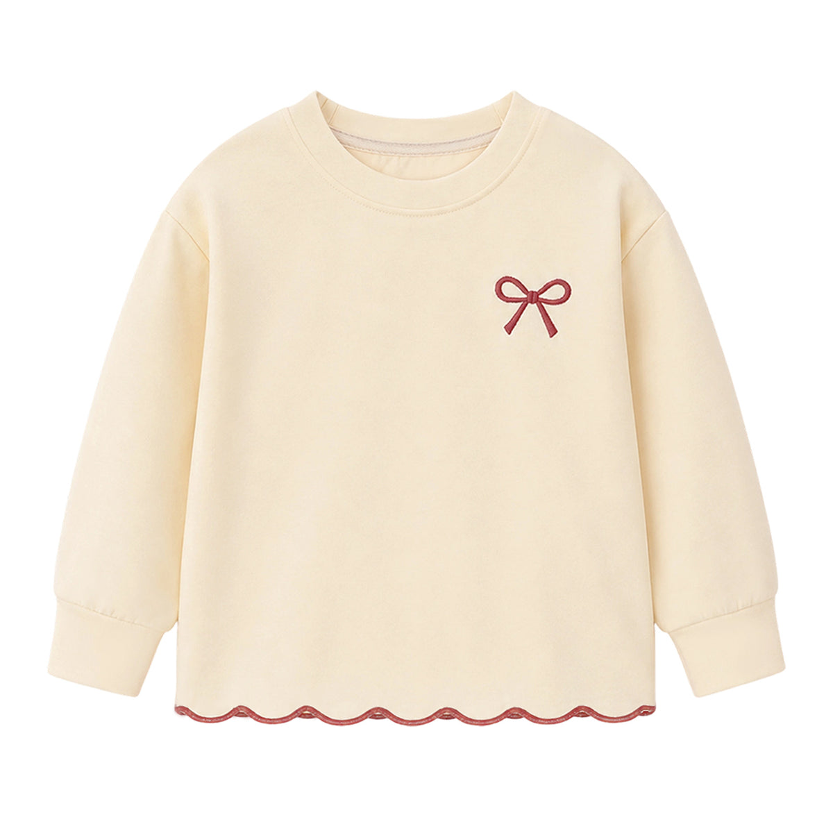 HILEELANG Girls 2-Piece Outfit Set, Bow Embroidered Sweatshirt and Flare Pants with Scalloped Trim, Cream, Ages 3Y