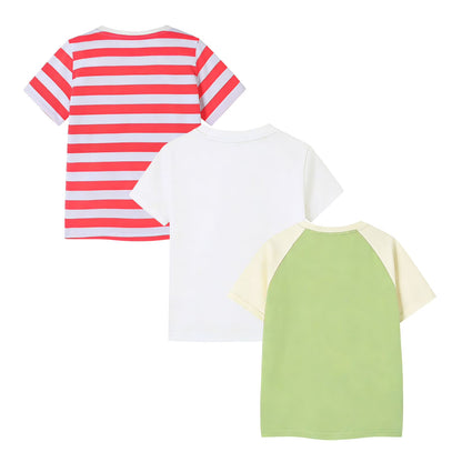 HILEELANG Little/Big Girls 4-13Y Cream/Green/Pink Stripe 100% Cotton T-Shirt 3-Pack