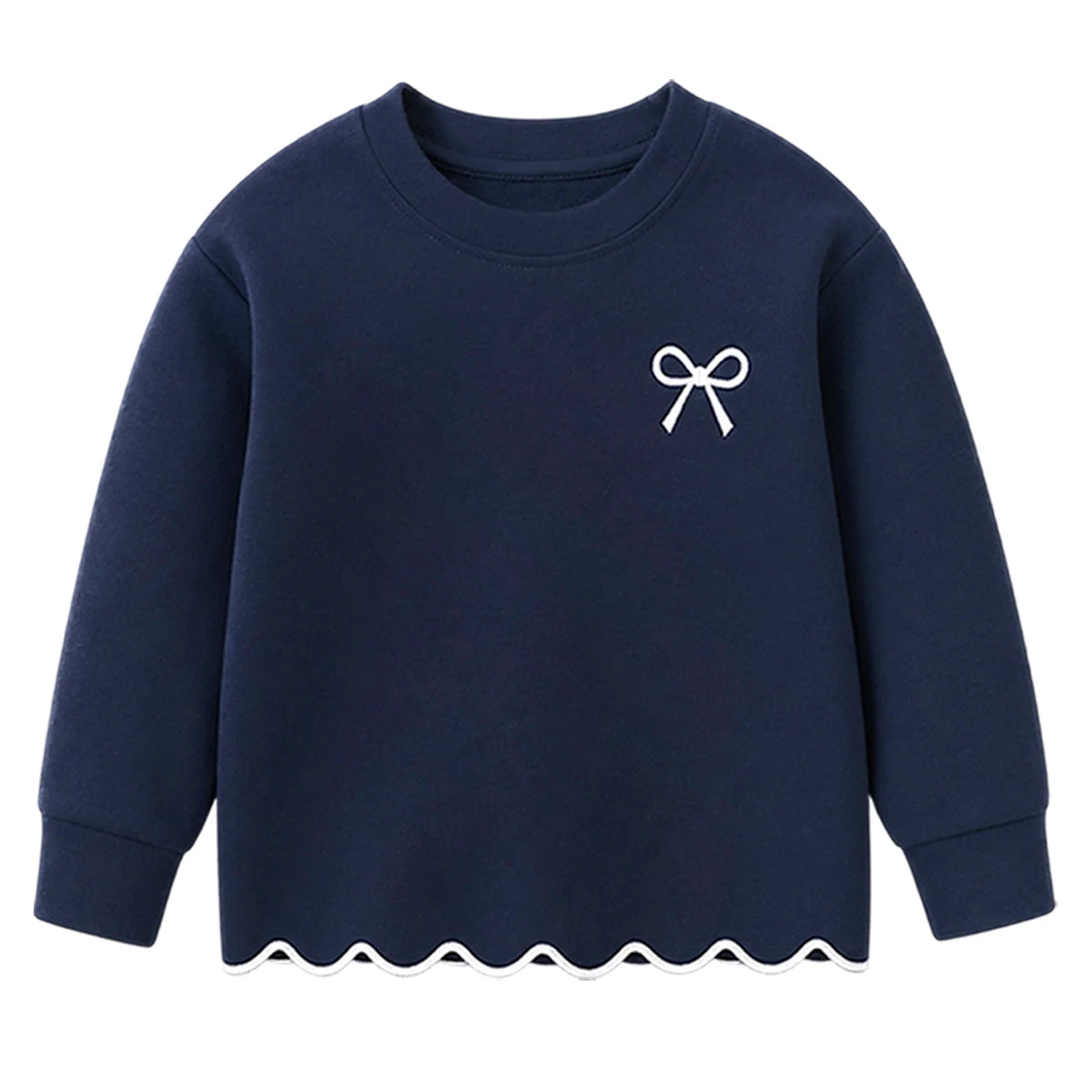 HILEELANG Girls 2 Piece Outfit Set, Bow Detail Long Sleeve Top & Flare Pants, Scallop Trim, Navy Blue