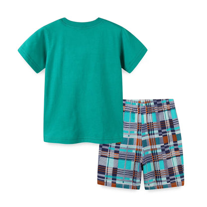 HILEELANG Toddler Boys Crewneck Green Short Sleeve Tee Shirt and Check Shorts Set, 3T