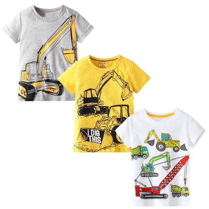 HILEELANG Toddler Boys' Short Sleeve Cotton T-Shirt, Excavator Graphic, Yellow/Grey