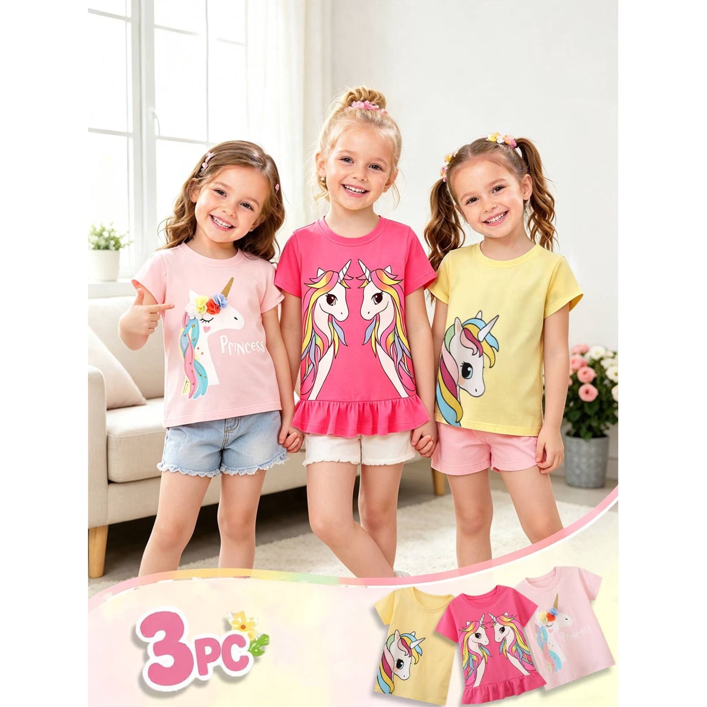 HILEELANG Toddler Girl Short Sleeve Cotton Crewneck Unicorn Graphic T-Shirt