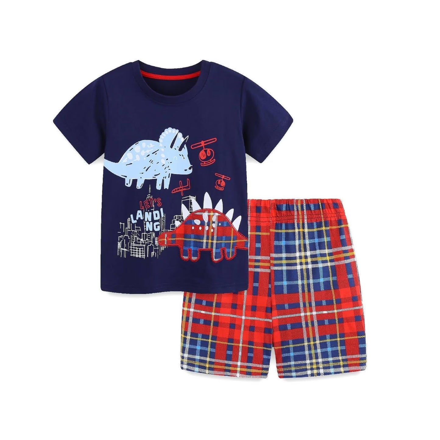 HILEELANG Toddler Boy Summer Short Clothes Sets Outfits Easter Cotton Navy Dinosaur Shirts Shorts Playwear