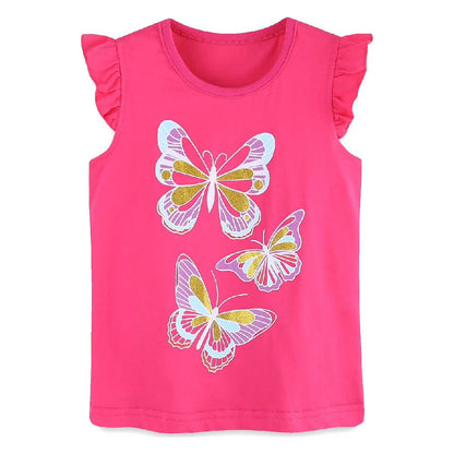 HILEELANG Toddler Girl Summer Short Outfits Cotton CrewNeck Pink Butterfly Short Sleeve Playwear 2PC Sets