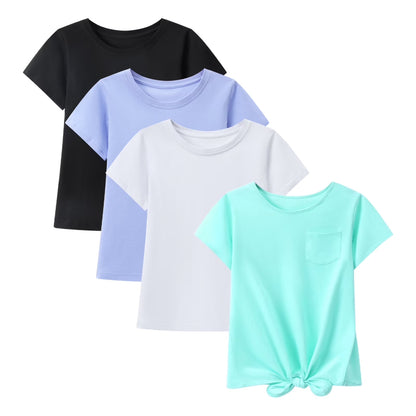 HILEELANG 4-PC Little Girls 5-16Y Black Light Blue White Mint Cotton Short Sleeve Crewneck T Shirt Tee