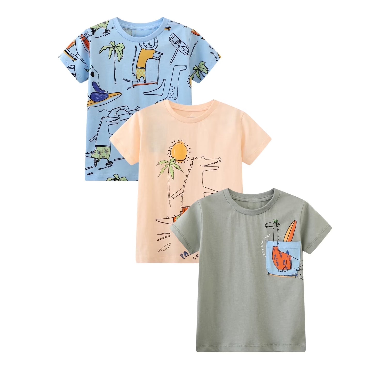 HILEELANG Toddler Boys T-Shirts 3 Pack, 100% Cotton Short Sleeve Tees for Kids 2-7T, Cute Summer Beach Dinosaur/Crocodile Print Casual Tops for Little Boys