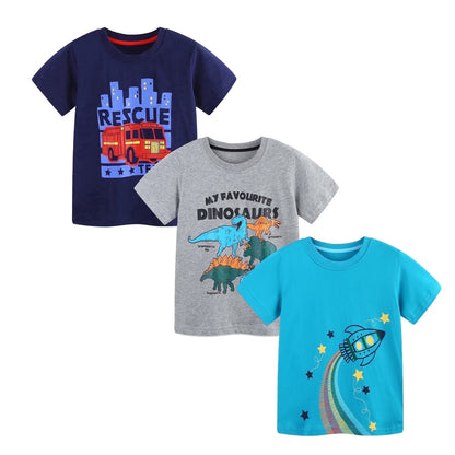 HILEELANG 2-7T Toddler Little Boys 3-Pack T-Shirts Dinosaur Fire Truck Space Rocket Graphic 100% Cotton Short Sleeve Summer Tees Blue Gray Teal