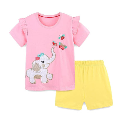 HILEELANG Toddler Girl Summer Short Clothes Sets Outfits Cotton Pink Elephant Tee Shirts Shorts Playwear 2T