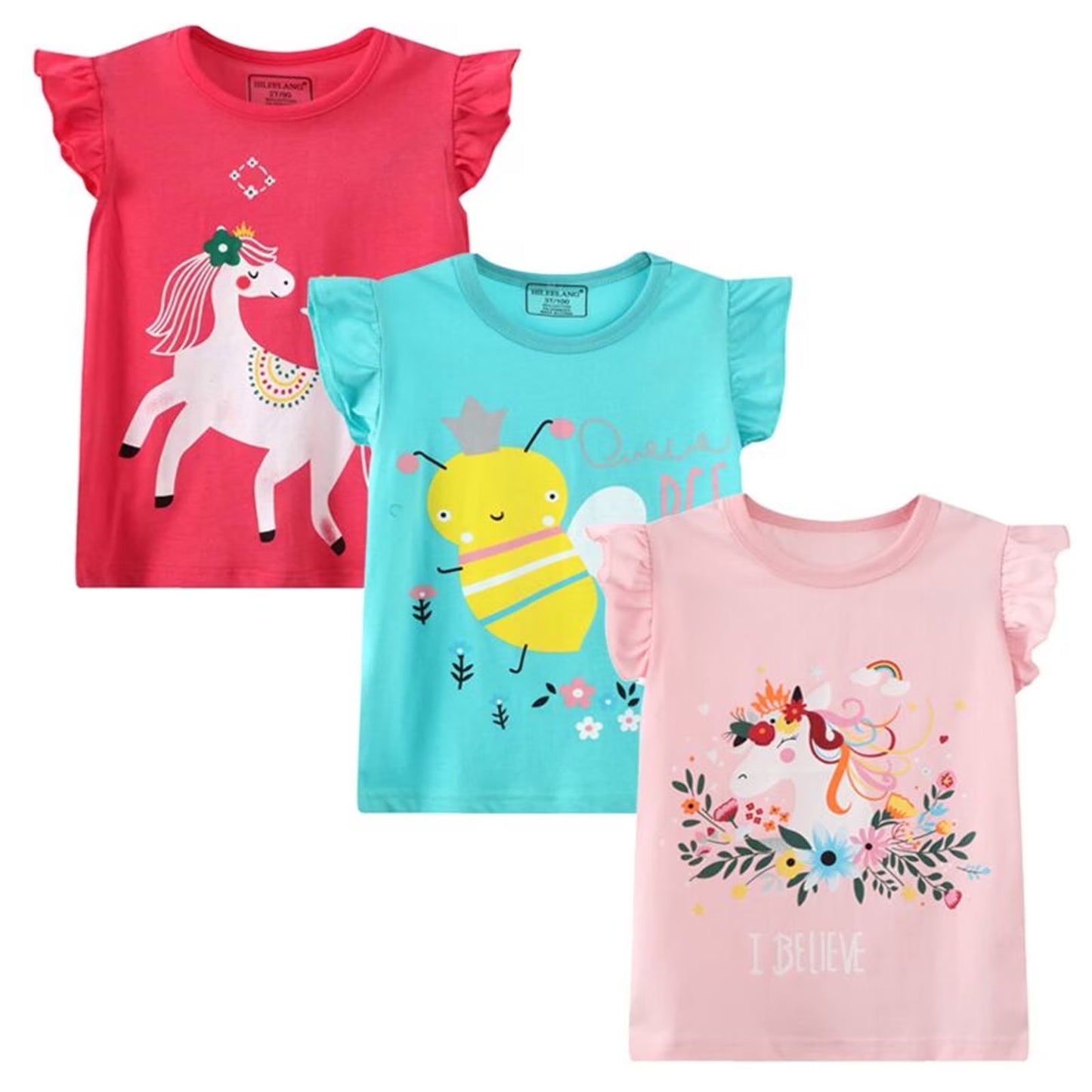 HILEELANG Toddler Girls' Short Sleeve Tops Tees Shirts Cotton Casual Graphic White Green Rainbow Crewneck Easter Summer T-Shirts 3 Packs