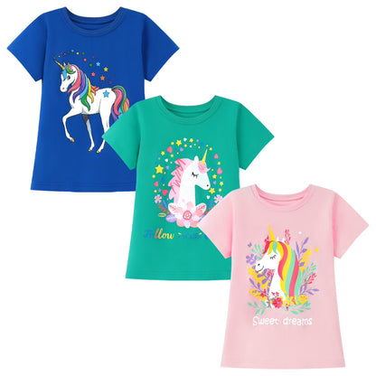 HILEELANG Little Girl Cotton Short Sleeve Tees, Unicorn Print, 3-Pack