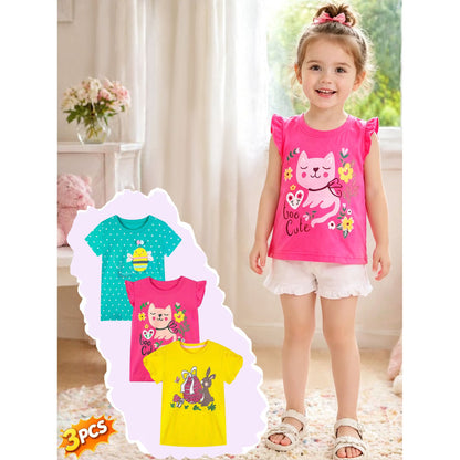HILEELANG Toddler Girls' Short Sleeve Tee Shirt Cotton Casual Crewneck Cat Rabbit Bee Graphic Tops T-Shirts Pink Yellow Green 3 Packs