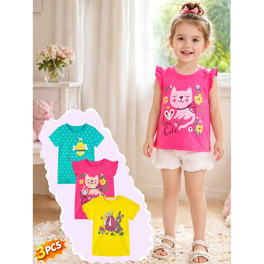 HILEELANG Toddler Girls' Short Sleeve Tee Shirt Cotton Casual Crewneck Cat Rabbit Bee Graphic Tops T-Shirts Pink Yellow Green 3 Packs