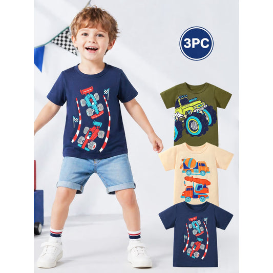HILEELANG 2-7T Toddler Little Boys 3-Pack T-Shirts Truck Car Construction Vehicle Graphic 100% Cotton Short Sleeve Summer Tees Blue Green Yellow