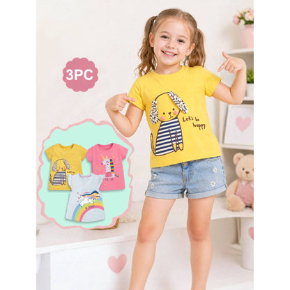 HILEELANG Toddler Girl Cotton Crewneck Tee, Short Sleeve Unicorn Puppy Graphic T-Shirts, Pink/Yellow/Blue, 3-Pack