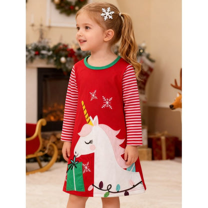 HILEELANG Toddler Girl Christmas Dress Red Unicorn Applique Cotton Casual Long Sleeve Tunic Playwear Dresses