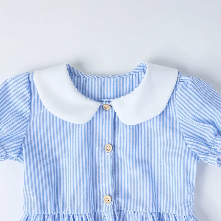 HILEELANG 2-7T Toddler/Little Girls Light Blue White Stripe 100% Cotton Dress