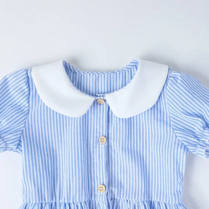 HILEELANG 2-7T Toddler/Little Girls Light Blue White Stripe 100% Cotton Dress