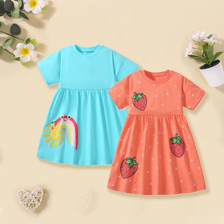 HILEELANG Toddler Little Girls 2 Pack Short Sleeve Dresses, Soft Cotton Summer Play Dress Set for Vacation Birthday Everyday Wear