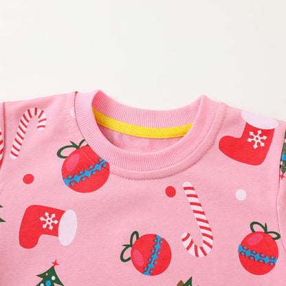 HILEELANG Toddler Girl Christmas Sweatshirts Pink Sock Graphic Cotton Crewneck Pullover Tops Sweater Shirts