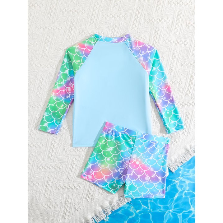 HILEELANG Toddler Girls' Rash Guard Sets Long Sleeve Shirts and Swim Shorts 2 Piece Blue Mermaid Swim