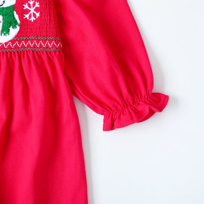 HILEELANG Toddler Girls Christmas Long Sleeve Dress Cotton Casual Red Snowman and Christmas Tree Jersey Shirt Fall Winter Holiday Playwear Dresses