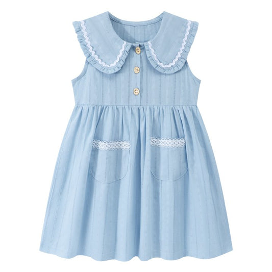 HILEELANG Toddler Little Girls 2 Pack Summer Dresses, Sleeveless Peter Pan Collar Sundress Set with Pockets