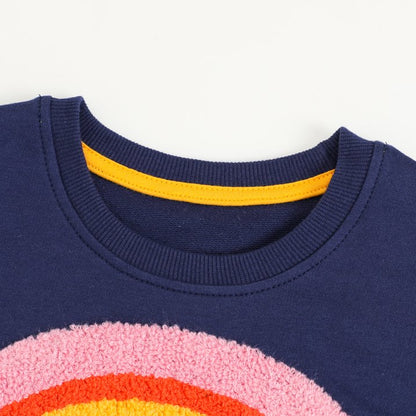 HILEELANG Toddler Girl Sweatshirts Navy Rainbow Towel Embroidery Applique Cotton Crewneck Pullover Tops Sweater Shirts