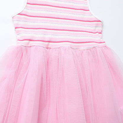 HILEELANG 2-7T Toddler Little Girls Sleeveless Striped Ribbed Tulle Dress, Soft Pink Summer Sundress