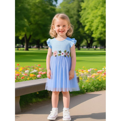 HILEELANG Toddler Little Girls Blue Tulle Dress, Floral Embroidered Flutter Sleeve Summer Party Tutu Dress